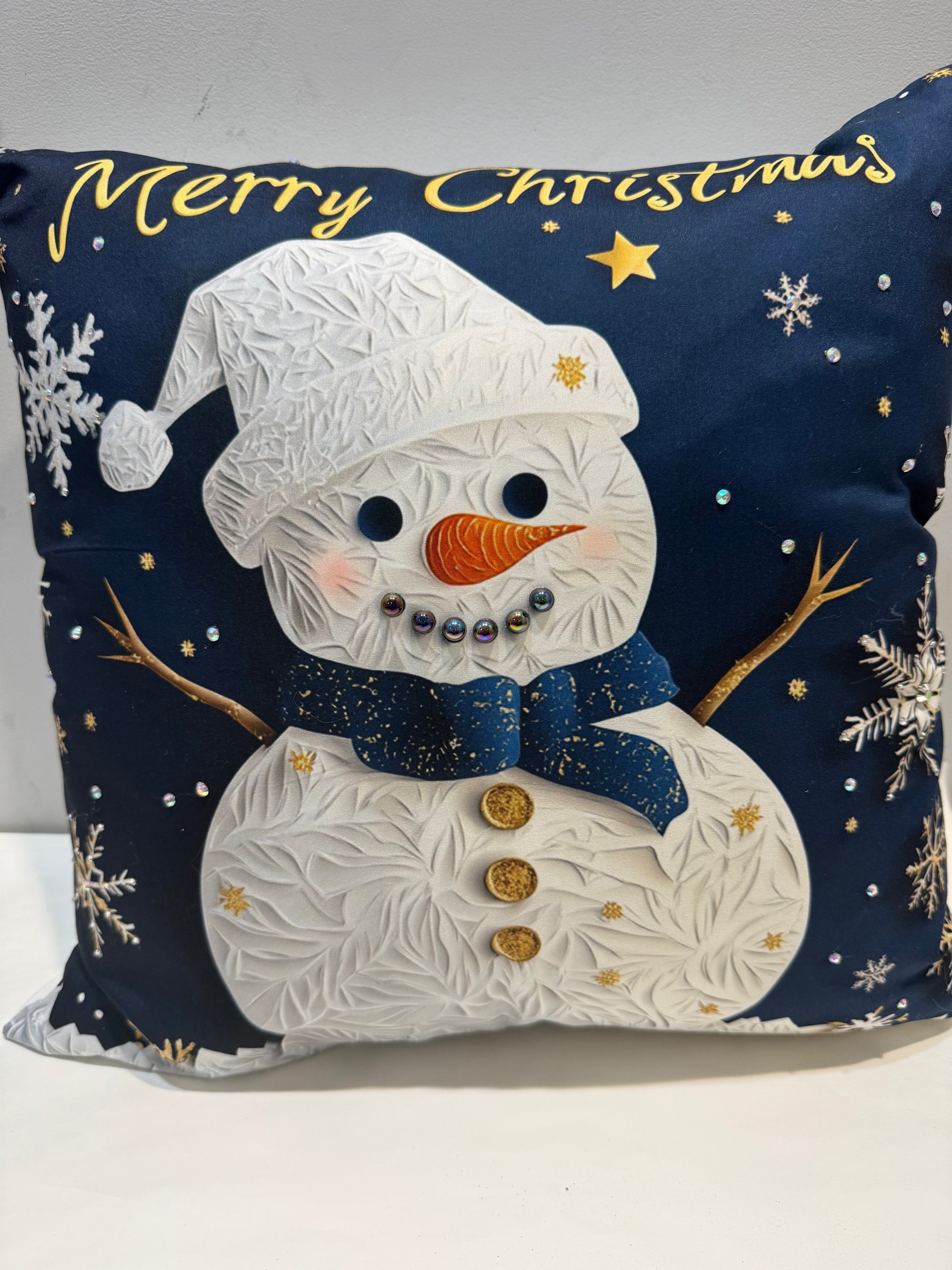 Blue & Gold Snowman Pillow