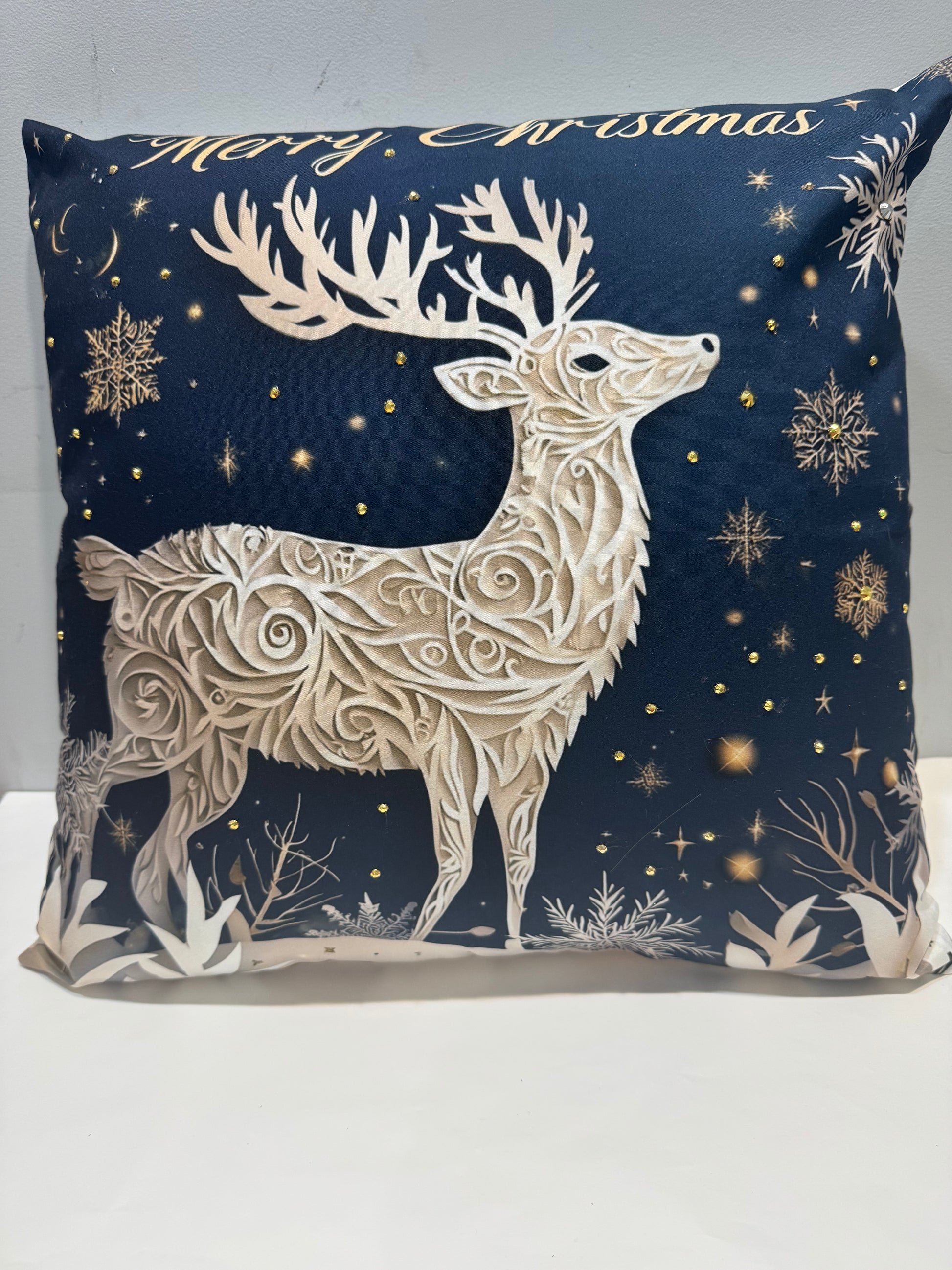 Blue and Gold Reindeer Pillow