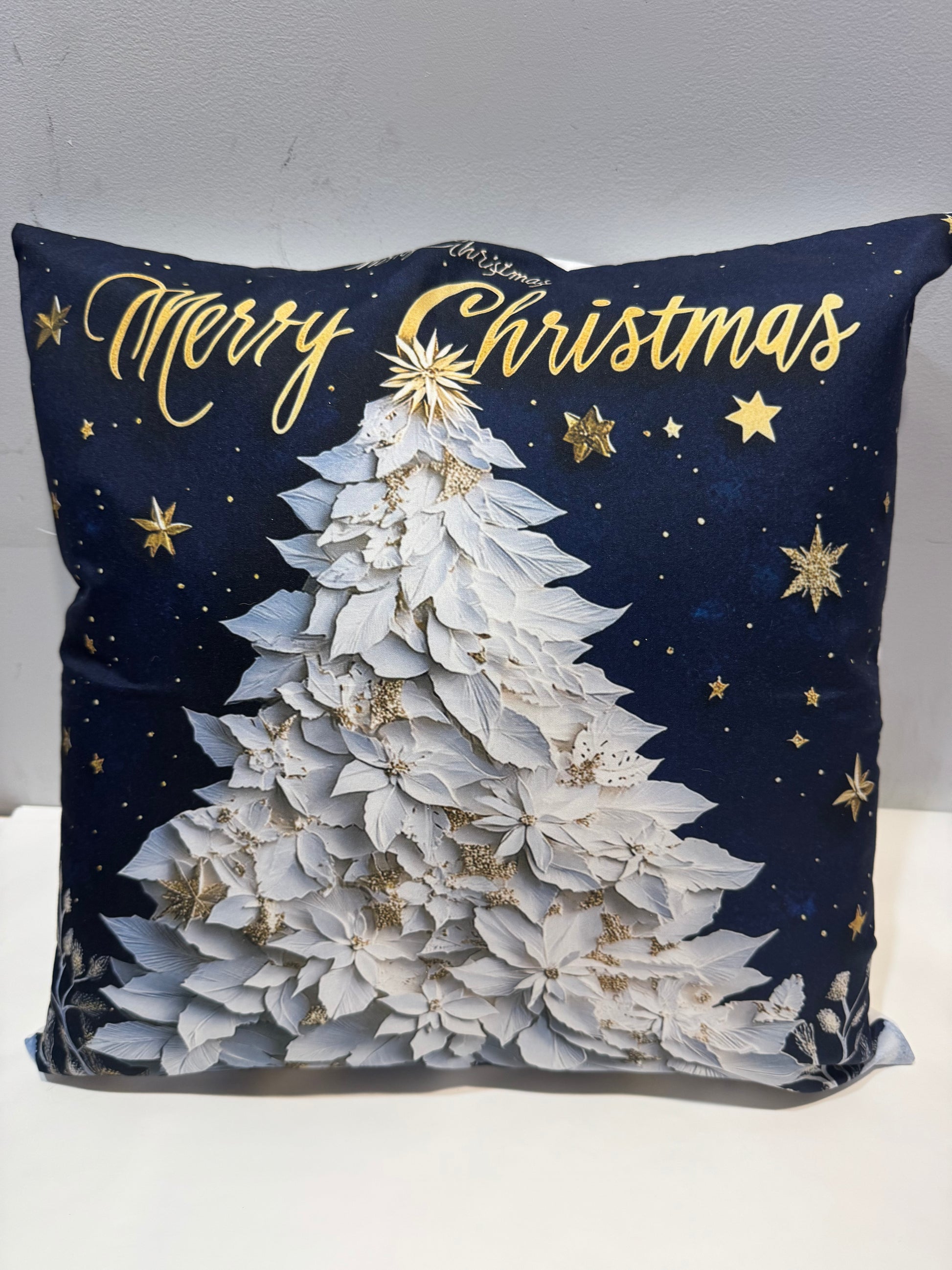 Blue & Gold White Christmas Tree Pillow